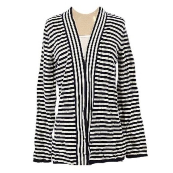 Talbots Navy Blue White Stripe Open Front Lambs Wool Nautical Cardigan Small - Picture 1 of 7